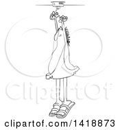 Clipart Of A Cartoon Black And White Lineart Caveman Standing On His Tip Toes And Putting A Battery In A Smoke Detector Royalty Free Vector Illustration by djart