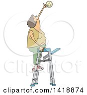 Cartoon Caucasian Woman Standing On A Ladder And Changing A Battery In A Smoke Detector