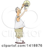 Poster, Art Print Of Cartoon Chubby Caucasian Man Putting A New Battery In A Smoke Detector