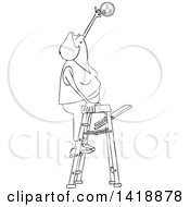 Poster, Art Print Of Cartoon Black And White Woman Standing On A Ladder And Changing A Battery In A Smoke Detector