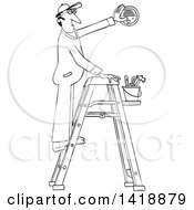 Poster, Art Print Of Cartoon Black And White Lineart Maintenance Worker Man On A Ladder Installing A Smoke Detector