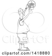 Poster, Art Print Of Cartoon Black And White Lineart Chubby Man Putting A New Battery In A Smoke Detector