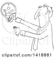 Poster, Art Print Of Cartoon Black And White Lineart Business Man Installing A New Battery In A Smoke Detector