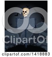 Poster, Art Print Of Human Skull On A Dark Blank Sign Post On A Hill With Vampire Bats