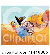 Clipart Of A Cute Thanksgiving Turkey Bird Running From Arrows And Losing His Pilgrim Hat Royalty Free Vector Illustration