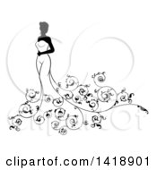 Clipart Of A Silhouetted Black And White Bride In Her Gown With Swirls Royalty Free Vector Illustration