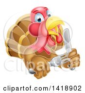 Clipart Of A Thanksgiving Turkey Bird Holding Silverware Royalty Free Vector Illustration