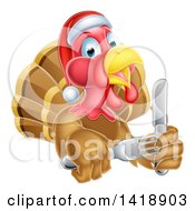 Poster, Art Print Of Christmas Turkey Bird Wearing A Santa Hat And Holding Silverware
