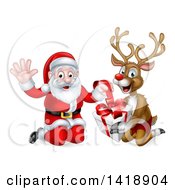 Poster, Art Print Of Happy Christmas Santa Claus And Reindeer Opening A Gift