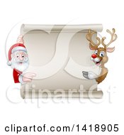 Poster, Art Print Of Christmas Reindeer And Santa Claus Pointing Around A Blank Scroll Sign