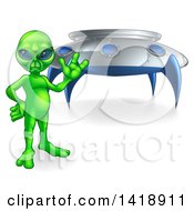 Poster, Art Print Of Green Alien Waving Or Presenting By A Ufo