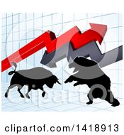 Clipart Of A Silhouetted Bear Vs Bull Stock Market Design With Arrows Over A Graph Royalty Free Vector Illustration