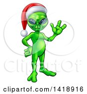 Poster, Art Print Of Green Alien Wearing A Christmas Santa Hat And Waving