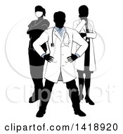 Clipart Of A Faceless Silhouetted Male Doctor Wearing A Lab Coat Standing With Hands On His Hips With His Team Behind Him Royalty Free Vector Illustration