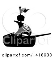 Clipart Of A Black And White Silhouetted Pirate Ship With A Jolly Roger Flag Royalty Free Vector Illustration by AtStockIllustration