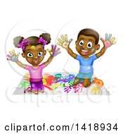 Cartoon Happy Black Girl And Boy Kneeling And Finger Painting Artwork