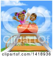 Happy Black Boy And Girl At The Top Of A Roller Coaster Ride Against A Blue Sky With Clouds