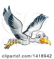 Cartoon Happy Stork Bird In Flight