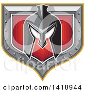 Poster, Art Print Of Retro Spartan Helmet Over A Silver And Red Shield