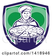 Retro Male Chef Holding A Pizza Pie On A Blue White And Green Shield