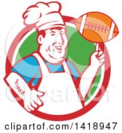 Poster, Art Print Of Retro Happy Chubby Male Chef Spinning A Football On His Finger In A Red White And Green Circle