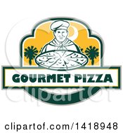 Poster, Art Print Of Retro Male Chef Holding A Pizza Pie With Text And Palmetto Trees