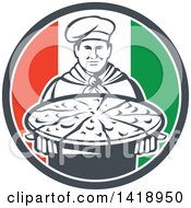 Poster, Art Print Of Retro Male Chef Holding A Pizza Pie In An Italian Flag Circle