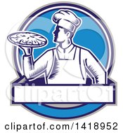 Retro Woodcut Male Chef Holding A Pizza Pie In A Blue Design