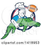 Poster, Art Print Of Retro Male Chef Twirling A Football On His Finger And Carrying An Alligator