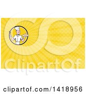 Poster, Art Print Of Retro Cartoon White Male Chef Holding A Spatula And Serving A Roasted Chicken And Yellow Rays Background Or Business Card Design