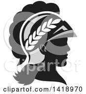 Grayscale Profile Portrait Of The Roman Goddess Of Wisdom Minerva Or Menrva Wearing A Helmet And Laurel Crown