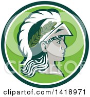 Profile Portrait Of The Roman Goddess Of Wisdom Minerva Or Menrva Wearing A Helmet And Laurel Crown In A Green And White Circle