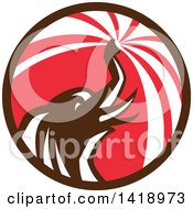 Clipart Of A Retro Elephant Spraying Water From His Trunk In A Brown Red And White Circle Royalty Free Vector Illustration