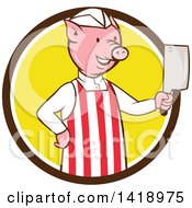 Poster, Art Print Of Cartoon Pig Butcher Holding A Cleaver Knife In A Brown White And Yellow Circle