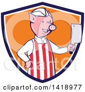 Poster, Art Print Of Cartoon Pig Butcher Holding A Cleaver Knife In A Blue White And Orange Shield