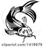 Retro Black And White Woodcut Koi Carp Fish