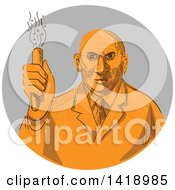Sketched Orange Mad Male Scientist Holding A Test Tube In A Gray Circle