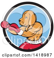 Poster, Art Print Of Cartoon Muscular Dog Man Fighter Boxing In A Black White And Blue Circle