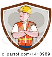 Poster, Art Print Of Retro Cartoon Construction Worker Holding A Hammer In Folded Arms In A Shield