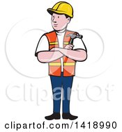 Poster, Art Print Of Retro Cartoon Construction Worker Holding A Hammer In Folded Arms