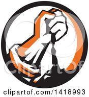 Poster, Art Print Of Retro Clenched Fist Pouring Dirt In A Black Orange And White Circle