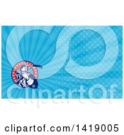 Clipart Of A Retro American Revolutionary Patriot Soldier Holding A Hockey Stick And Blue Rays Background Or Business Card Design Royalty Free Illustration by patrimonio