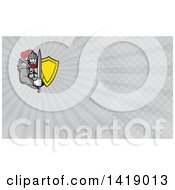 Retro Knight In Full Armor Holding Sword And Shield And Gray Rays Background Or Business Card Design