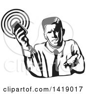 Black And White Business Man Shrugging And Holding A Cell Phone With A Signal