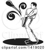 Poster, Art Print Of Black And White Male Musician Playing A Saxophone