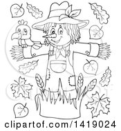 Poster, Art Print Of Black And White Lineart Crow Bird On A Scarecrow With Leaves