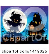 Poster, Art Print Of Silhouetted Scarecrow With A Jackolantern Head Over Pumpkins Near A Haunted House