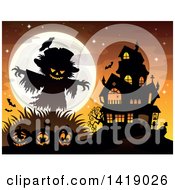 Poster, Art Print Of Silhouetted Scarecrow With A Jackolantern Head Over Pumpkins Near A Haunted House