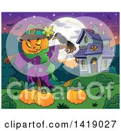 Poster, Art Print Of Scarecrow With A Jackolantern Head Over Pumpkins Near A Haunted House