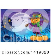 Poster, Art Print Of Scarecrow With A Jackolantern Head Over Pumpkins Near A Haunted House With A Cat In A Cemetery